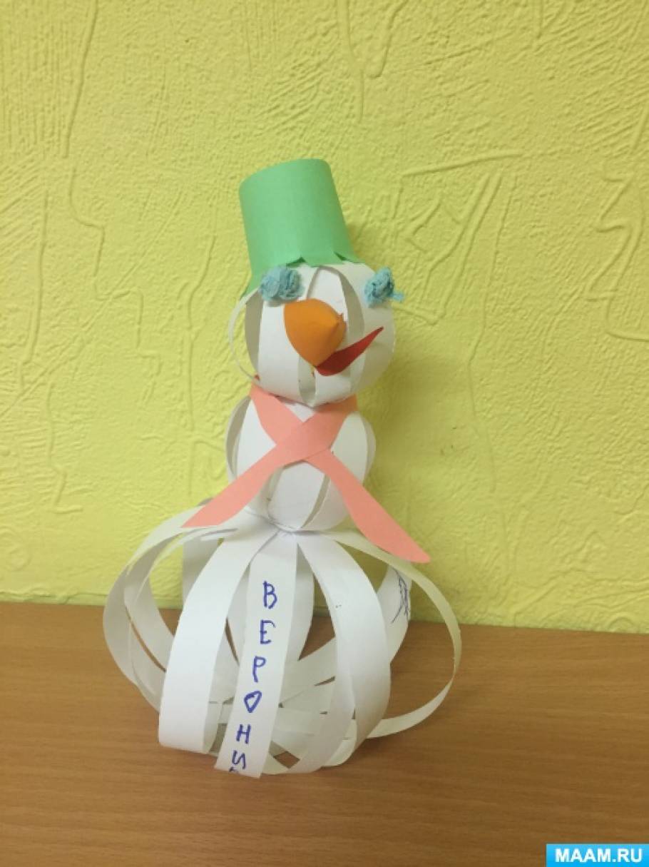 Дитячий майстер-клас «Наш веселий сніговик» зі смужок паперу   Хлопці прослухайте вірш про сніговика: Я веселий сніговик, Жити на вулиці звик